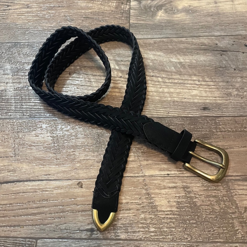 Black Faux Leather Braided Woven Belt Brass-tone Buckle Metal Tip 40 Inch Length - Picture 1 of 3